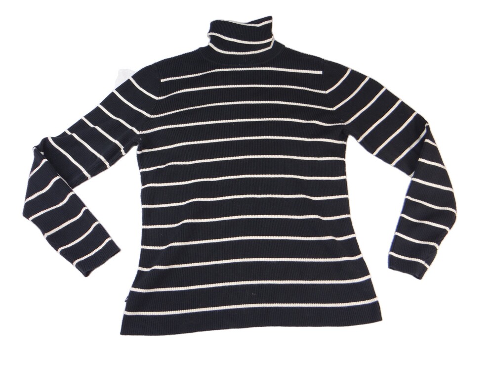 Lauren Ralph Lauren Large Black Cream Striped Cotton Turtleneck Sweater